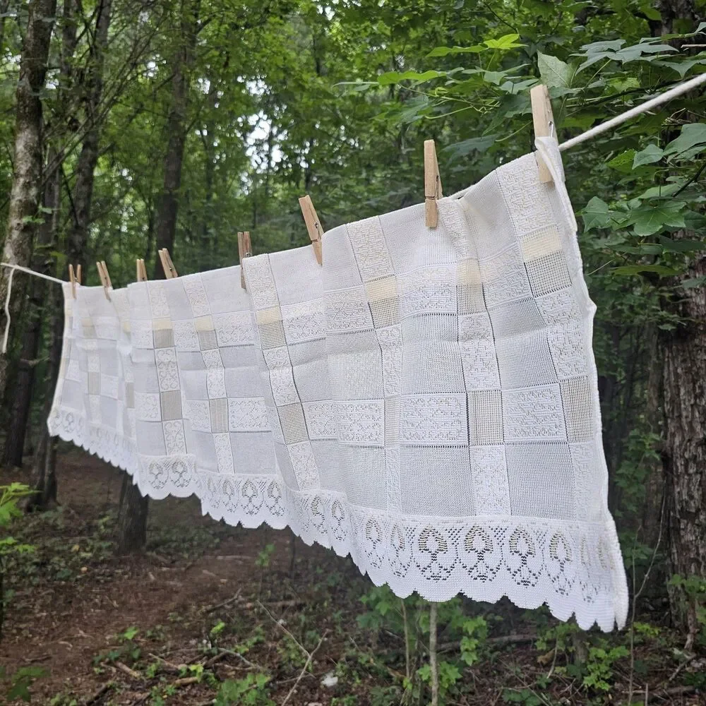 Vintage Cream & Butter Yellow Checkered Sheer Lace Valance - Cottage, Grannycore